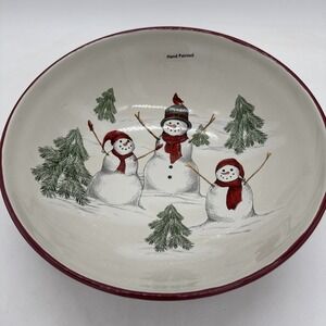 St. Nicholas Square YULETIDE Snowman Stoneware Serving Bowl Snowmen &‎ Trees New